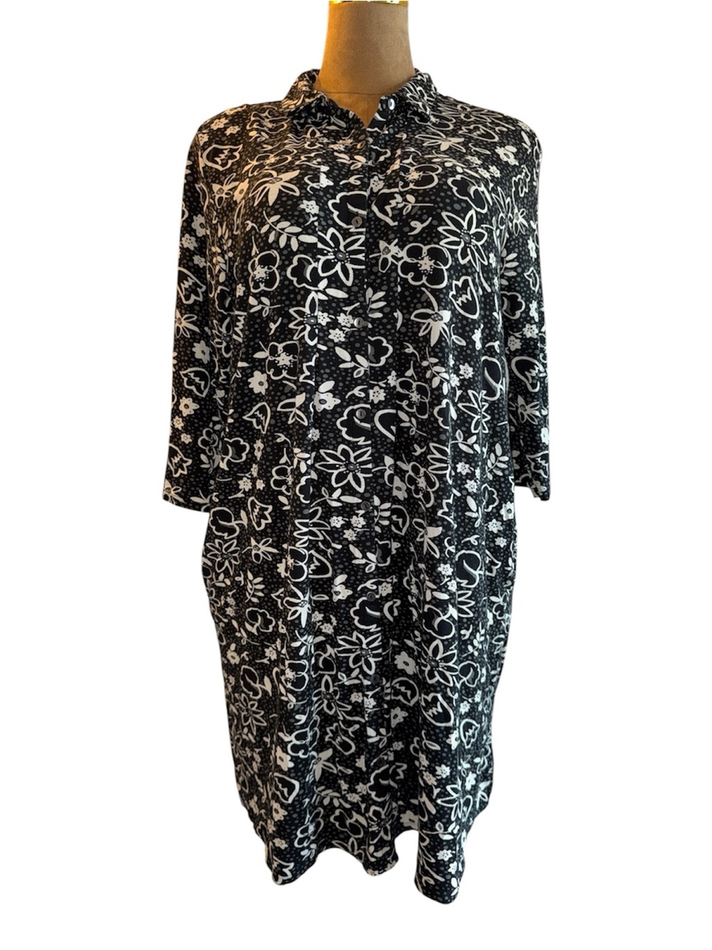 J.Jill Black & White Graphic Floral Cotton Knit Shirt Dress W/ Pockets, Sz L